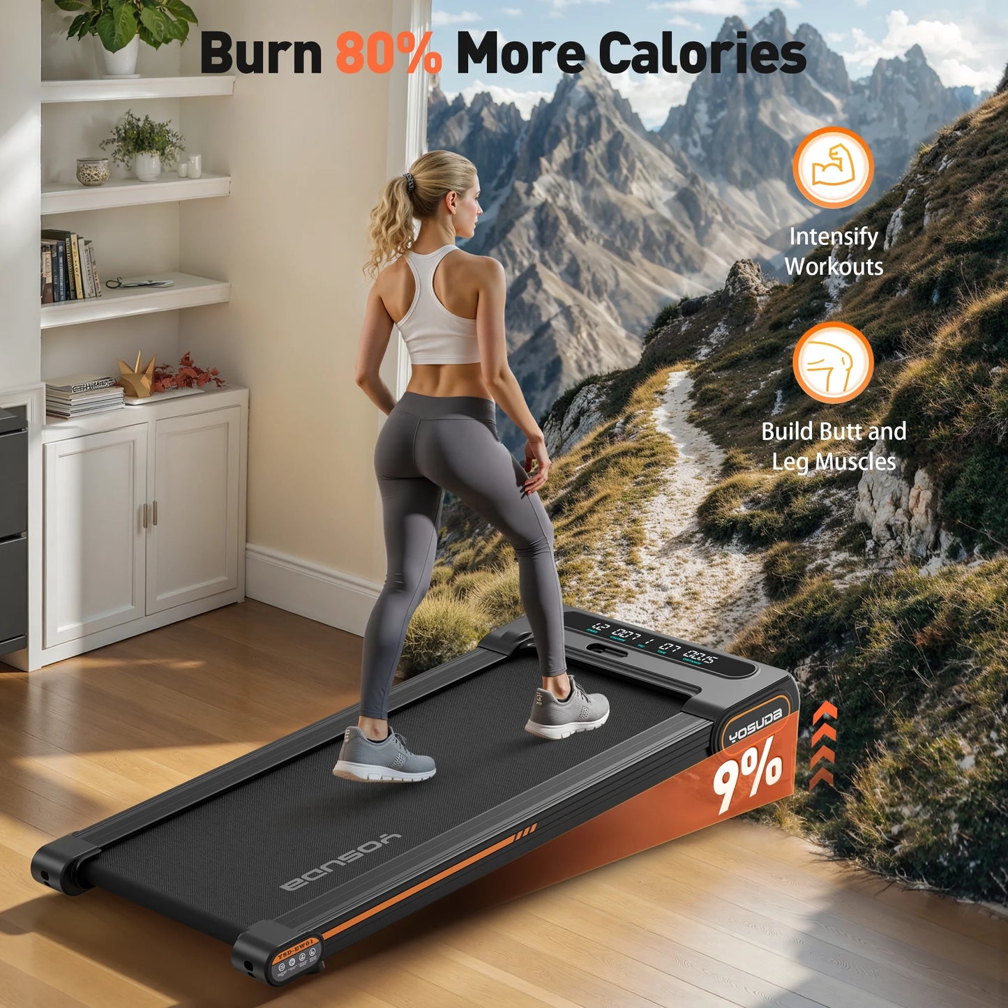 under Desk Treadmill for Walking, Electric, Auto Incline, 350 Lb Weight Capacity, Black